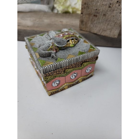 Elephant Trinket Box Raised Design Rhinestones Trunk up - Picture 6 of 8